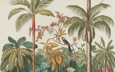Tropical bird perched in lush rainforest illustration