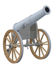Cannon Simple illustration of a grey cannon with wooden wheels on a white background