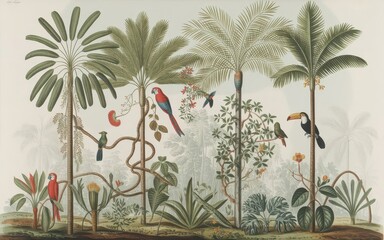 Vibrant birds amid a lush tropical jungle scene.