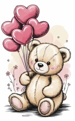 Cute teddy bear with heart-shaped balloons.