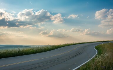 Scenic winding road under a vibrant sky.