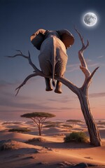Elephant perched on a tree under the moonlit sky.