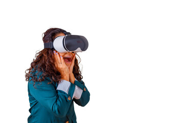 Fototapeta premium Woman experiencing virtual reality, amazed and surprised by immersive digital metaverse technology through vr headset