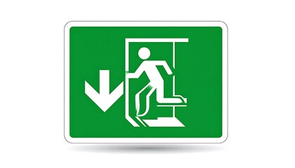 Green and white exit sign; human figure exiting a doorway with an arrow pointing downwards, indicating direction