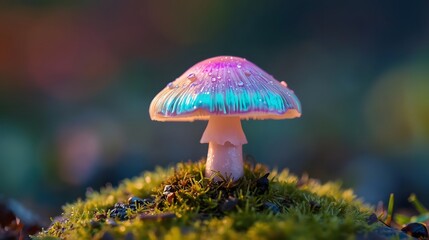 Fototapeta premium Enchanting mushroom with vibrant pink and blue iridescent cap, covered in glistening dew drops, stands on lush green moss in a mystical forest setting. Magical fungi nature backdrop.