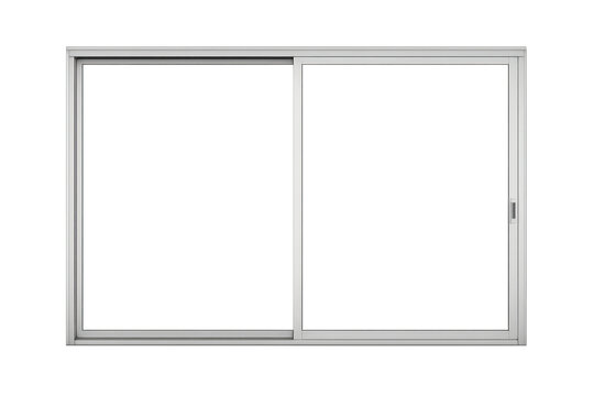 Realistic sliding glass door or window with a white frame, transparent background, architectural element for building design