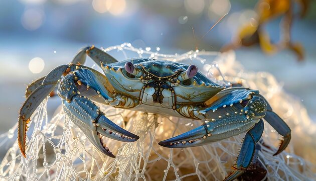 Blue Crab on Netting - A Close-Up of Marine Life.
