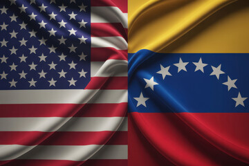 Fototapeta premium Split waving fabric flags representing USA versus Venezuela symbolizing political tension economic conflict international relations sanctions diplomacy power struggle and global geopolitical concept