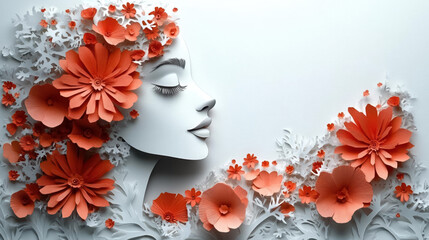 Illustration of face and flowers style paper cut with copy space for international women's day