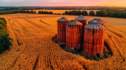 Aerial view of Silos in a barley field