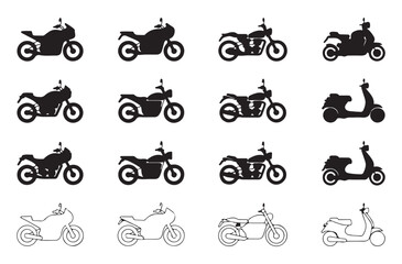 Motorcycle icons set of various silhouettes representing different bike styles and motor transport