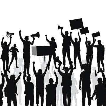 Crowd silhouette raises arms, holds megaphones and signs in protest against white background, symbolizing solidarity