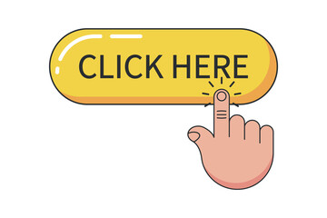 Click here button with hand pointer clicking. Click here. Order the offer symbol here.