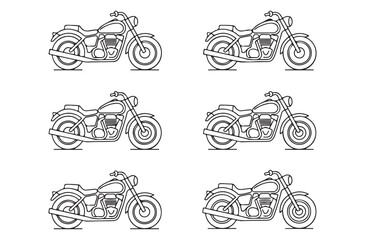 Motorcycle vector line art collection featuring classic cruiser bikes for custom design and apparel