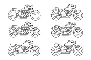 Six black and white line art illustrations of cruiser motorcycles in profile view on white background