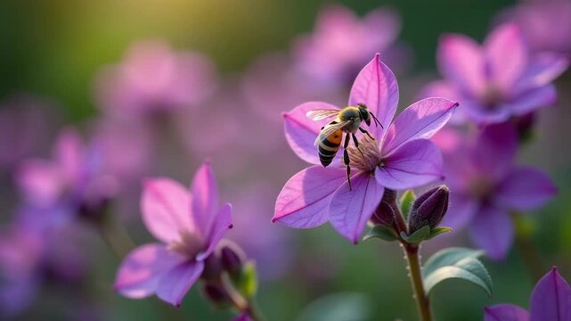 Footage bee sits on a vibrant purple flower, collecting nectar