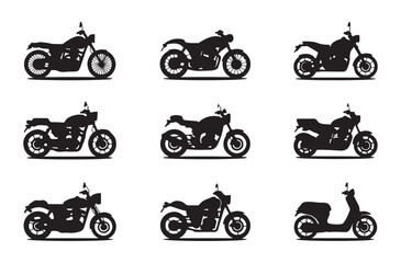 Obraz premium Modern motorcycle silhouettes and scooter vector set for city transport and urban mobility symbols