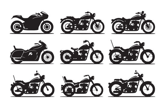 Collection of heavy cruiser motorcycles and bagger style silhouettes for automotive design project