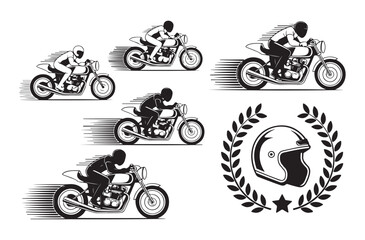 Set of five cafe racer motorcycles with riders and racing helmet in laurel wreath