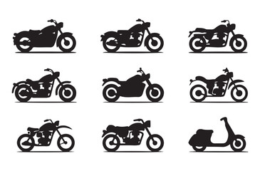 Set of nine motorcycle silhouettes, different types of motorbikes isolated on white background