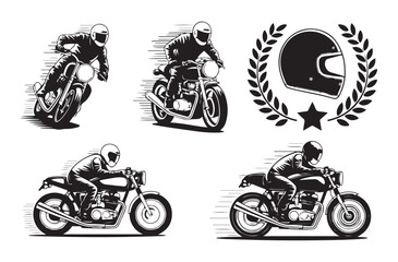 Set of four cafe racer motorcycles with riders and racing helmet emblem isolated on white