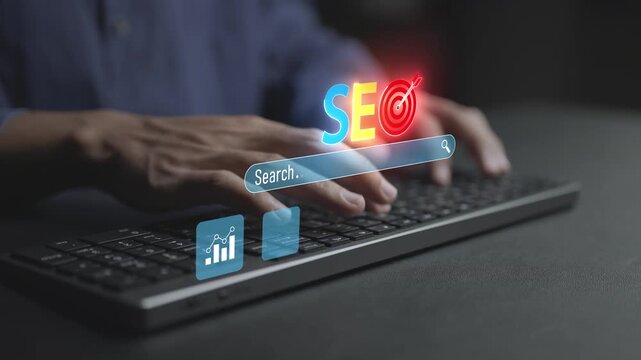SEO marketing concept. User typing keyboard with search ranking and analytics icons, keyword strategy, website optimization and business growth online.