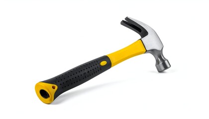 Hammer with a yellow & black handle lying on a white surface, angled towards the upper right
