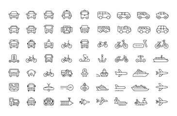 Diverse transport icons set cars bus train airplane boat scooter bicycle vector