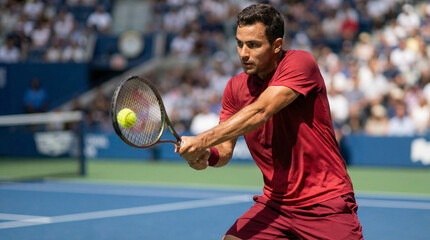 Male tennis player hitting ball during match on outdoor court  