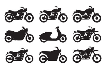 Simplified motorcycle black shapes featuring classic bike frames and urban scooter vector silhouettes