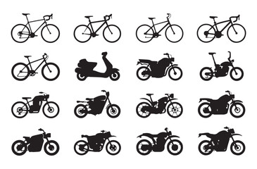 Set of various bicycles and motorcycles, different motorbikes and pushbikes black silhouettes