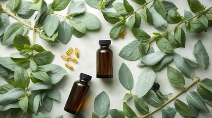 Natural medicine concept with essential oil bottles, botanical eucalyptus leaves, and organic herbal supplement capsules on white. Wellness healthcare, plant-based skincare, alternative remedy.