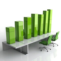 Green bar chart showing upward growth, on a conference table with two green office chairs