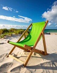 Green beach chair on a sandy beach, sunny blue skies, and ocean backdrop