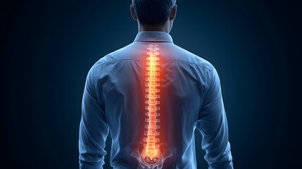 Man suffering from severe back pain, highlighted glowing red spine indicating injury, discomfort or spinal problem. Medical illustration showcasing human anatomy, pain relief and health issues.