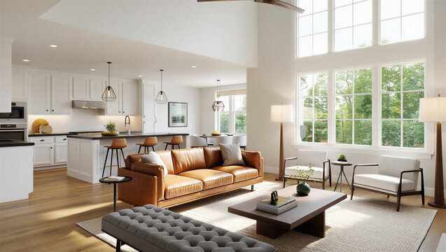 Modern living room and kitchen interior with natural light