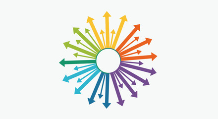 Obraz premium Colorful Arrows Spreading Radially from a Central Point, Symbolizing Diversity and Expansion on Isolated White Background