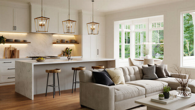 Modern living room and kitchen with natural light and comfortable furniture