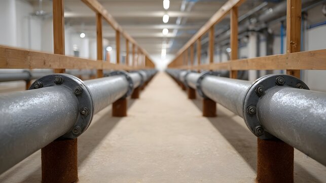Industrial facility interior with long parallel pipelines and wooden railings