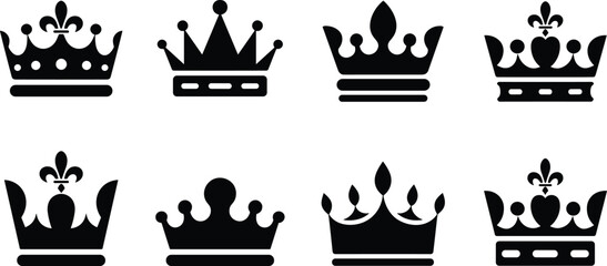 Black silhouette set of royal crowns and majestic tiaras featuring luxury fleur de lis ornaments jeweled headbands and elegant king or queen authority symbols, ( © MdHasmot