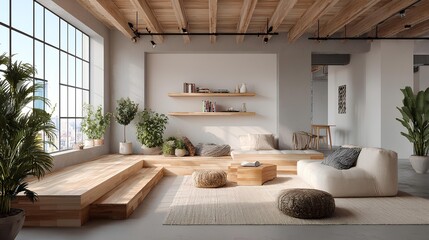Serene Interior: A sunlit, airy interior space, boasting a minimalist aesthetic with natural wood elements, an expansive window framing an urban view.