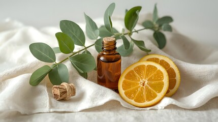 Natural aromatherapy setup with amber essential oil bottle, fresh orange slices, and eucalyptus leaves on soft fabric. Perfect for beauty, wellness, organic product concepts.