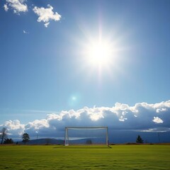 Fototapeta premium Goal posts on a sunny day with clouds drifting by, goalposts, landscape