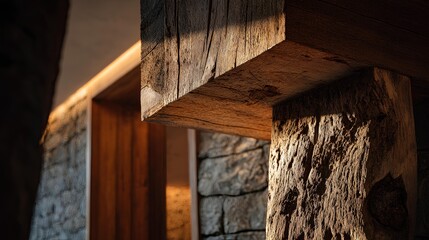 Rustic Timber Architecture: Capturing the timeless elegance of rustic wooden beams, complemented by the textural contrast of stone walls, revealing the architectural beauty of a bygone era.