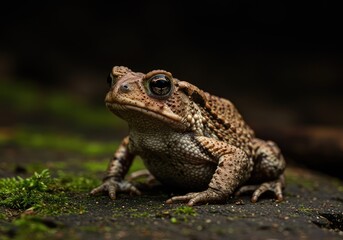 A macro shot of a brown warty toad sitting calmly on damp moss and soil in a natural environment, displaying its unique texture and large eye ,brown ,wildlife ,nature