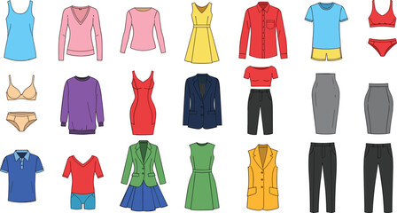 Colorful Women Clothing Set with Dresses Shirts Skirts Pants Lingerie and Swimwear Fashion Vector Collection Isolated on White Background