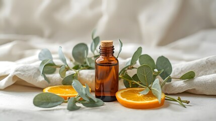 Natural essential oil in amber bottle with orange slices, eucalyptus leaves on soft fabric. Perfect for aromatherapy, holistic wellness, organic beauty products.