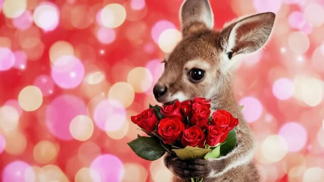 Adorable baby kangaroo holding red roses against festive bokeh background. The 14th of February. Happy Valentine's Day