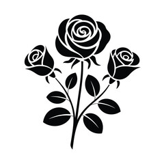 Black and white illustration of three roses with stems and leaves