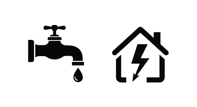 Water tap and house with lightning bolt symbol illustration